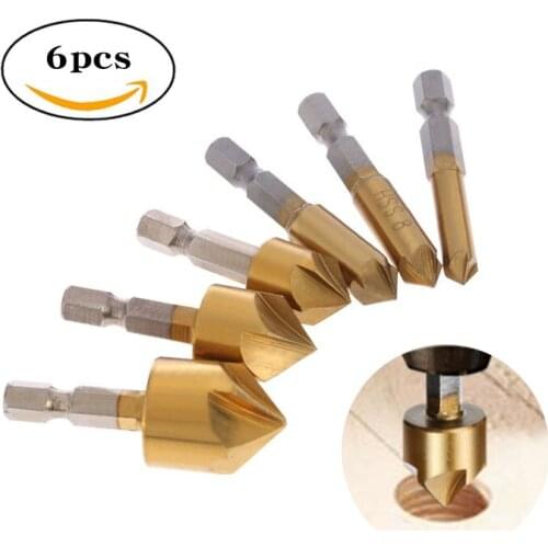 3pcs 6pcs HSS Chamfer Countersink Chamfer Drill Bit 1/4" Hex Shank 90 Degree Wood Chamfering Cutter 6mm-19mm