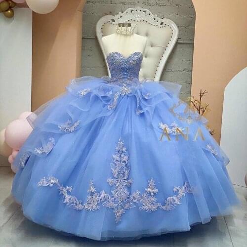 Light Sky Blue Beaded Ball Gown Quinceanera Dresses Sweetheart Sequined Prom Gowns Appliqued Sweep Train Tulle Sweet 15 Dress