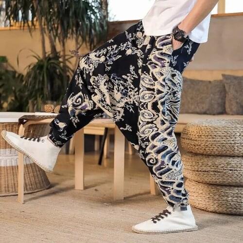 Japanese Traditional Men Kimono Harem Pants Printed Harajuku Oriental Plus Size Trousers 6 Colors Man Linen Cotton Hanging Pants
