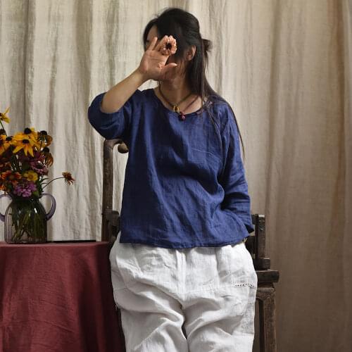 Women Loose Ramie Vintage Tops T-shirt Ladies Ramie Three Quarter Sleeve Tees Shirts Female 2019 Retro Shirt Autumn Spring