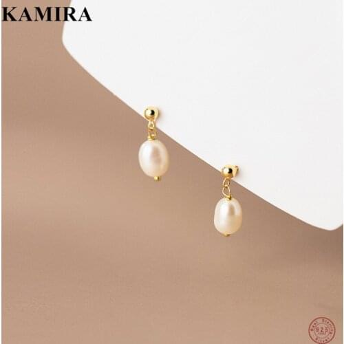 KAMIRA Real 925 Sterling Silver Korean Sweet Natural Baroque Pearl Stud Earrings for Women Party Simple Cute Dangle Jewelry Gift