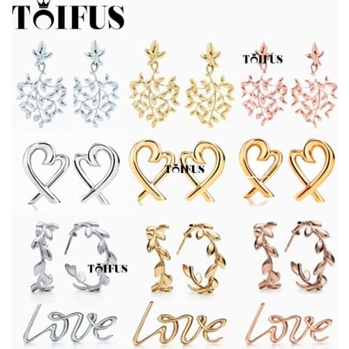 Tif 925 New S925 Sterling Silver Leaf Love Earrings Female Jewelry Craftsmanship, With Official logo