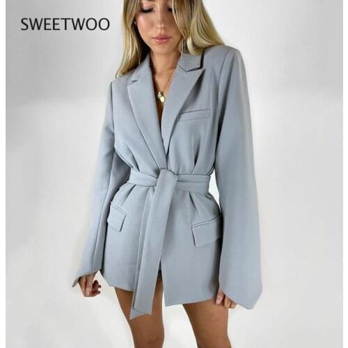 2021 Summer Blazer Womens Office Commuter Clothing Suit Cardigan Lace-Up Waist Long-Sleeved Lapel Blazer with Belt 4 Colors