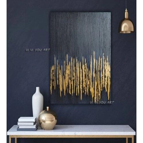 100% Handmade Abstract Oil Painting Large Black and Golden Canvas Wall Art Minimalist Modern Decoration Living Room