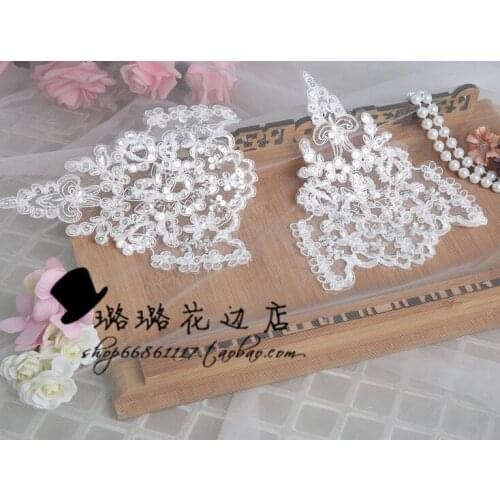 3 PCS Embroidered Off White Sequin Lace Appliqued Patch Lace Flower Applique Trim Sewing Craft