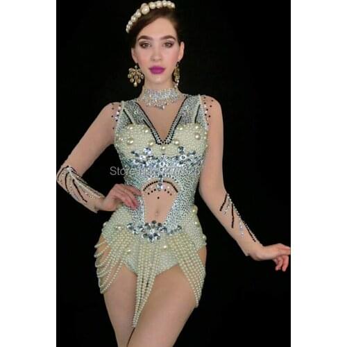 Sparkly Pearls Bodysuit Womens Birthday Celebrate Party Dress Evening Bar party girl Rhinestones singer costume