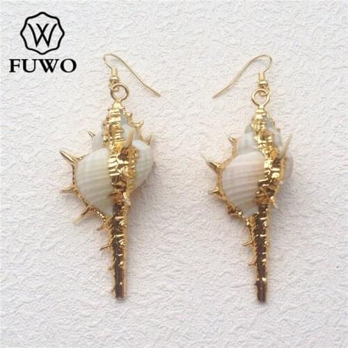 FUWO Natural Long Conch Sea Shell Earrings With Gold Filled Minimalist Design Murex Ramosus Jewelry Wholesale ER505