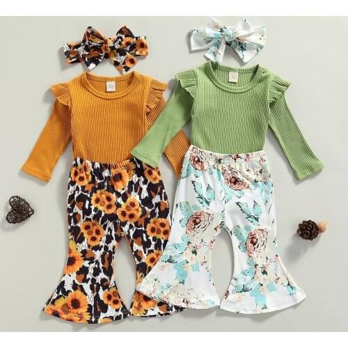 0-18M Newborn Baby Girl Long Sleeve Cotton Bodysuit Tops Floral Flared Pant Bell Bottom Headband 3PCS Baby Girls Clothing Set