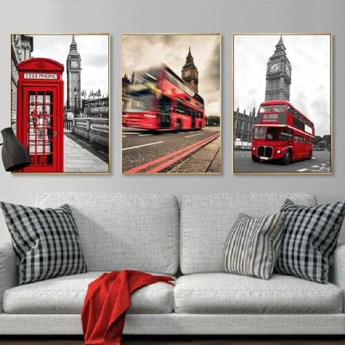 London City Street Scene Wall Art Canvas Paintings Black and Red Bus Wall Art Prints and Posters for Living Room Home Decor