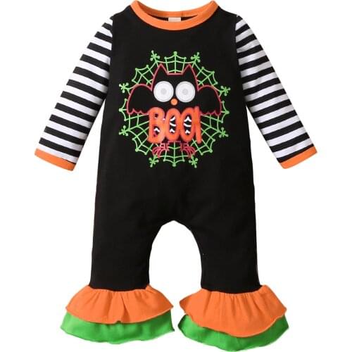 Halloween Clothes For Newborns Bat/Pumpkin Print Round-Neck Long Sleeve Flared Jumpsuit With Buttons Clothing For Girls 0-18M