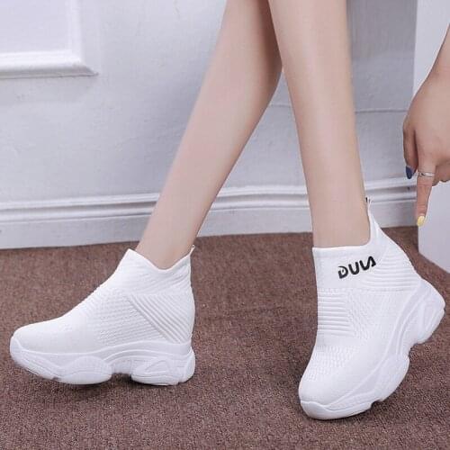 Breathable Knitted Chunky Sneakers 2021New Spring Solid Wedge Sock Shoes Woman Thick Bottom High Top Female Trendy Sneakers