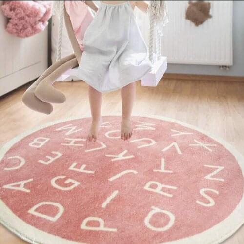 Nordic Cartoon Round Carpet Pink Yellow Letter Printed Thickened Anti-fall Mat Bedroom Bedside Rug Children Game Crawling Mat