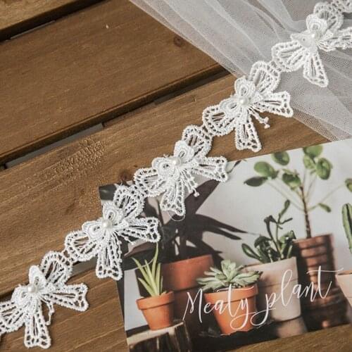 L93F 1 Yard Butterfly Embroidered Lace Trim Ribbon Pearl Beaded Applique DIY Sewing Craft Wedding Bridal Dress Decoration