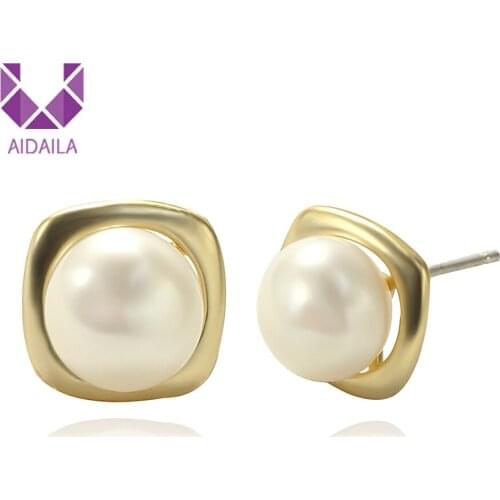 Small Fine Jewelry Stud Earrings with Pearls Square Shape Statement Gold Earrings for Women Party Boucle D'oreille Femme 2019