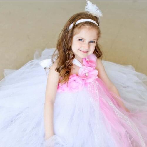 Fashion Baby Flower Tutu Dress White and Pink Flower and Pearl Lace Tutu Dress for Wedding Party Photo Dancing TS058