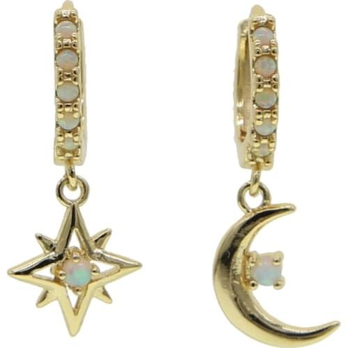 Fashion gold vermeil jewelry 925 sterling silver opal moon star charm hoop earring for women