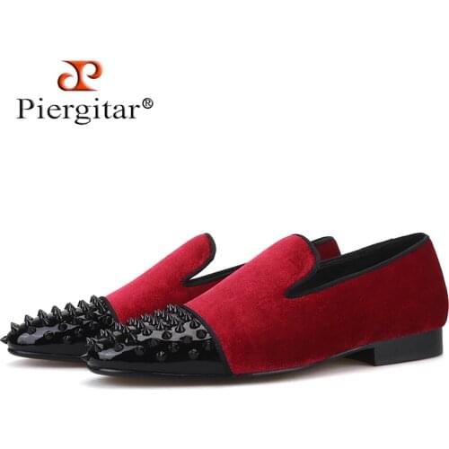Piergitar 2019 Handmade burgundy velvet black leather spikes mens loafers plus size men shoes Party and prom smoking slippers