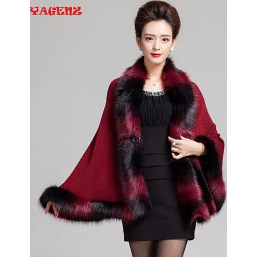 2020 New Fashion Wool Cashmere Faux Fox Fur Cape Coat Cardigan Women Poncho Knitted Sweater Women Imitation fox fur shawl cloak