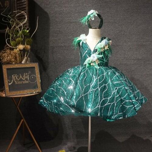 New Girls Dresses For Party Green Sequins Princess Dress Birthday Girls Vestidos Children Tutu Dress Real Pictures