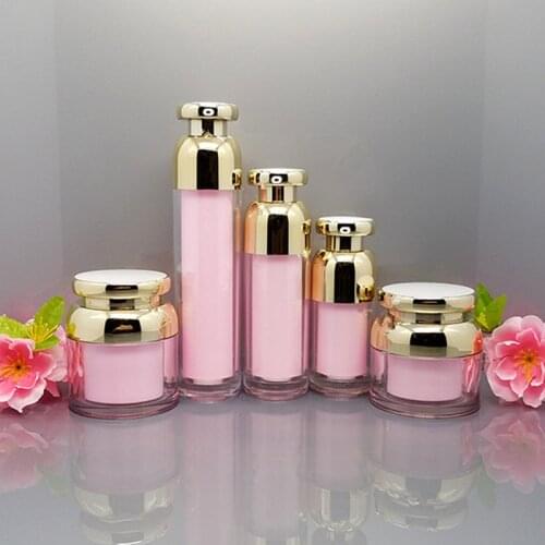 Wholesale Empty Pink Acrylic Cream Jars Eye Cream Bottles Push Lotion Bottles Vacuum Emulsion Bottle Cosmetic Refillable Bottles