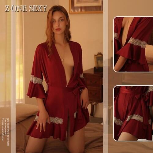 Autumn and winter new European and American womens silk like stitching Lace Ruffle tie robe bathrobe housewear Robes women