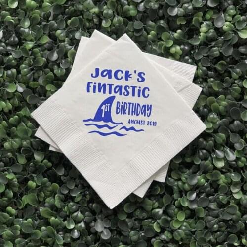 Personalized Napkins Fin-tastic Shark Birthday - Custom First Birthday - Shark Birthday Napkins, Boy Birthday Napkins