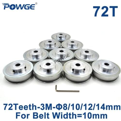 POWGE 10pcs 72 Teeth HTD 3M Synchronous Pulley Bore 8mm 10mm 12mm 14mm for Width 10mm 3M Timing belt HTD3M pulley 72Teeth 72T