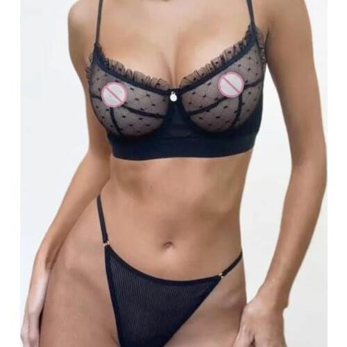 Ruffle Mesh 2 Piece Lace Bra Set Women Sexy Lingerie Set Intimates Underwear Transparent Bra And Panty Set G Cup Bras Brief Sets