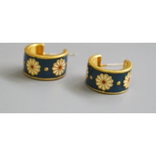 Handmade Blue Enamel White Flower Stud Earrings 925 Silver Pin Women Fashion Jewelry Set