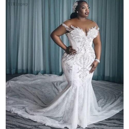YiMinpwp Plus Size Mermaid Wedding Dresses Sheer Neck Lace up Back Sweep Train Appliques Beads Court House Bridal Gowns Custom