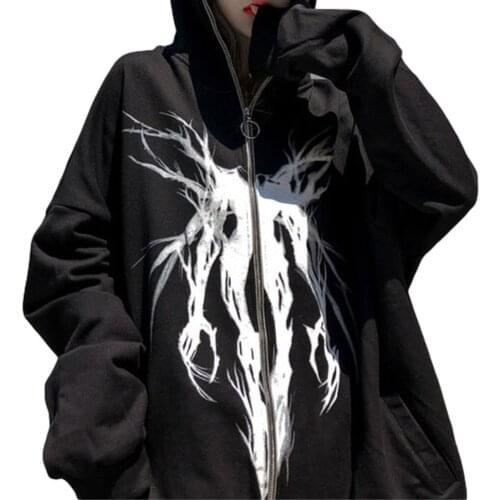 Unisex Over Size Hoodies Men Women Fashion Full Zip Gothic Graphic Long Sleeve Loose Fit Hooded Sweatshirts Streetwear Cardigans