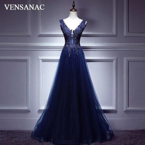 VENSANAC Illusion Deep V Neck Lace Appliques A Line Long Evening Dresses Party Tulle Backless Prom Gowns