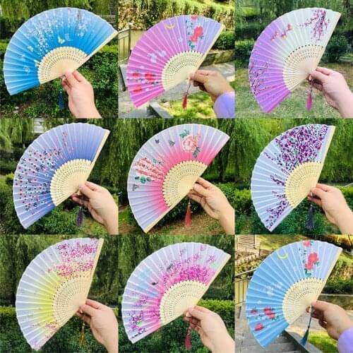 Chinese Style Vintage Silk Flower Printing Hand Held Fan Bamboo Prints Fan Handmade Ornaments Wedding Dance Party Supplies