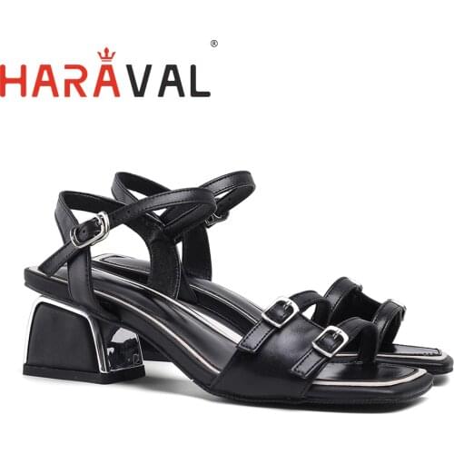 HARAVAL Sexy Women Sandals shoes Thick heels 5cm Low heel Fashion women spring summer autumn Genuine leather shoe black B22