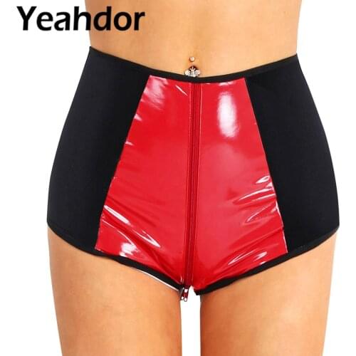 Women Sexy Wetlook Shorts Clubwear Faux Leather High Waist Zipper Open Crotch Underwear for Dancing Raves Festivals Costumes