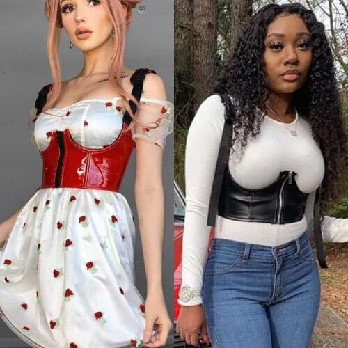 Echoine Womens Bag Buckles PU Leather zipper under bust Corset sleeveless motorcycle crop tops Slim-Fit Vest camisole slim tees