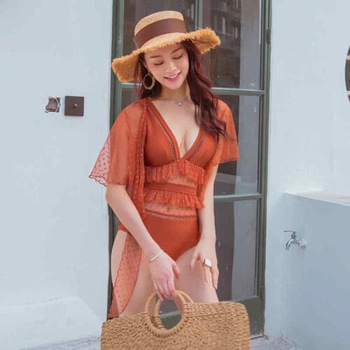 2021 New Sexy Lace One Piece Swimsuit Women Solid Swimwear Mesh Push Up Swim Hollow Out With Cover Up Ruffle Pad Bathing Suit