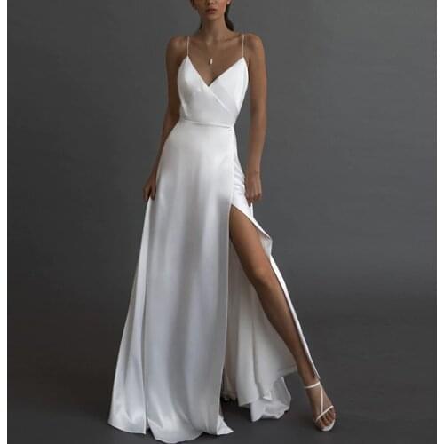 Women Robe Long Dress 2021 Womens Casual Sleeveless Camisole V-neck Solid Maxi Tank Long Dress Split fork White Dress