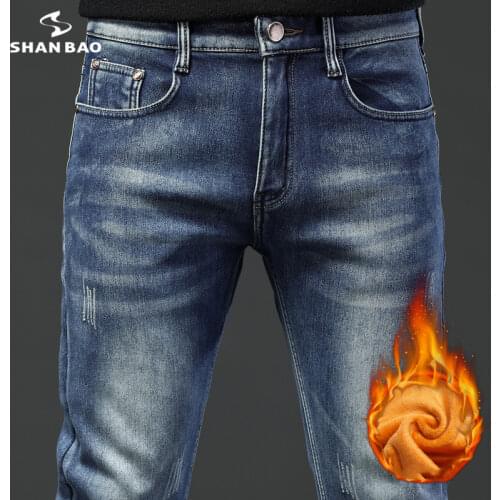 SHAN BAO 2021 winter brand fleece thick warm tapered fit jeans classic style youth mens fashion trend slim stretch denim jeans