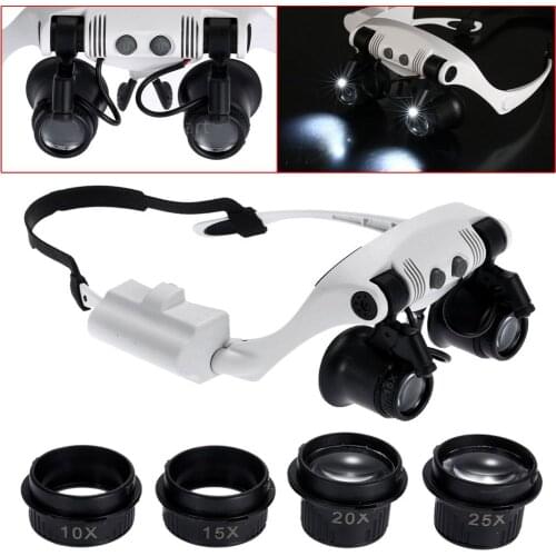 10/15/20/25 Magnification Times Double Eye Jewelry Watch Repair Magnifier Loupe Glasses With LED Light 8 Lens