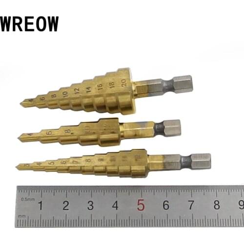 3pcs Hex Shank HSS Titanium Cone Step Drill Bit Set Woodworking Metal Drilling Cutting Tools 3-12mm 4-12mm 4-20mm W/ Bag
