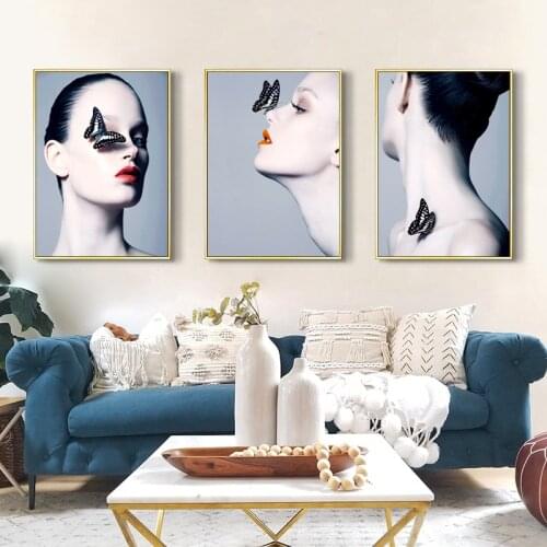 Abstract Wall Art Pictures Fashion Woman butterfly Red Lips Gray Background Modern Canvas Painting for Home Beauty Decor Posters