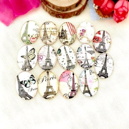 Free Shipping 14Pcs Mix Eiffel Tower Image Round Cabochon 18*25mm or 20*30mm Vintage Glass Cabochon Findings