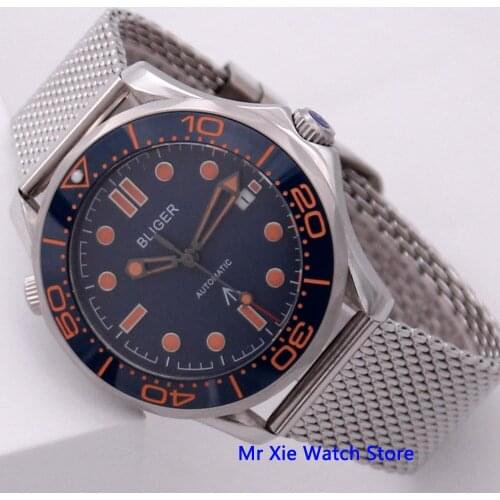 Bliger 41mm Blue Dial Automatic Mechanical Mens Watch Sapphire Crystal Luminous Waterproof Calendar Male Wristwatch
