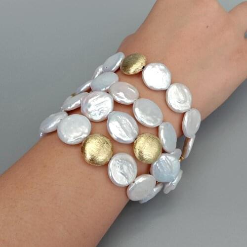 YYGEM Natural 4Strands Cultured White Coin Freshwater Pearl Gold color Brushed Bead strand Bracelet 8.5" toggle clasp