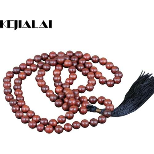 KEJIALAI Exclusive 108 Brown SandalWood Stone Beads Necklace Long Tassel Necklace Spiritual Yoga Jewelry Women Bohemian Necklace