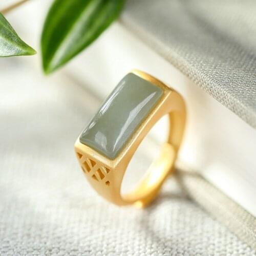 Natural Hetian Jade Gray Jade Ring S925 Sterling Silver Jade Court Retro Personalized Index Finger Ring Square Elegant Hand Jewe