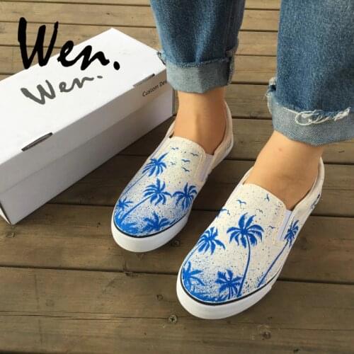 Wen Design Custom Original Hand Painted Shoes Coconut Palms Tree The Summer Vacation Slip On White Canvas Sneakers Unisex Gifts