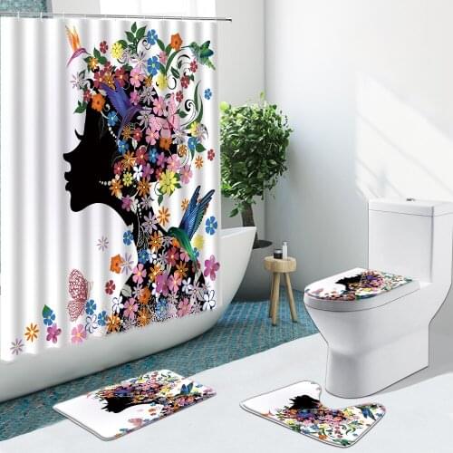 4Pcs Creative Butterfly Girl Shower Curtain Hand-Painted Colorful Flower Bathroom Set Non-Slip Rugs Bath Mat Toilet Cover Carpet