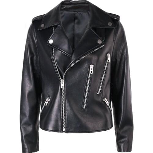 YOLOAgain Women Genuine Leather Jacket Zippers Black Motorcycle Jacket Ladies